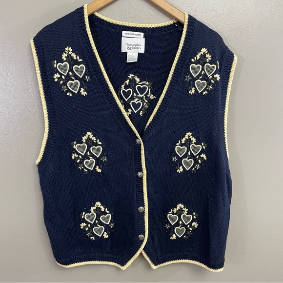 Christopher & Banks XL Navy Blue Cream Cardigan Sweater Vest Hand Embroidered - Picture 1 of 9